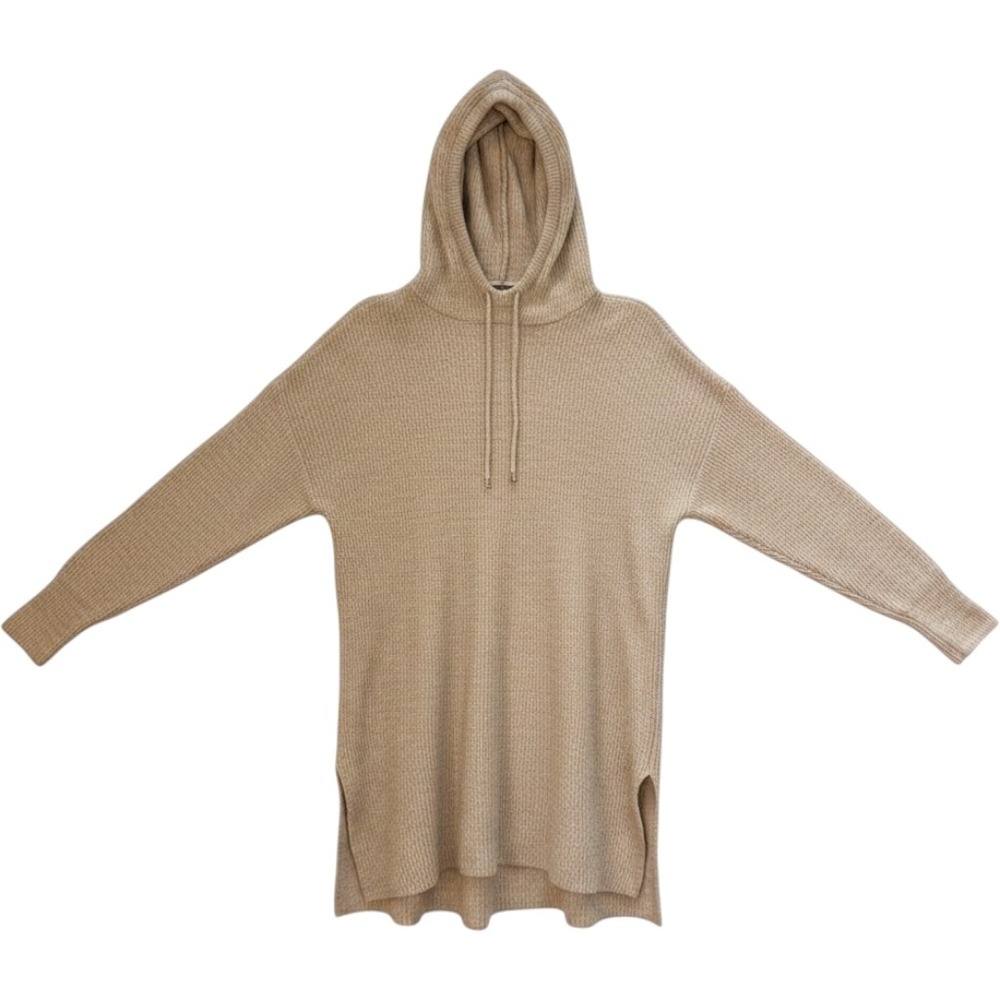 Woolen Bloom Tan Knit Tunic Hoodie Sweater Womens Medium Long Sleeve Side Slit